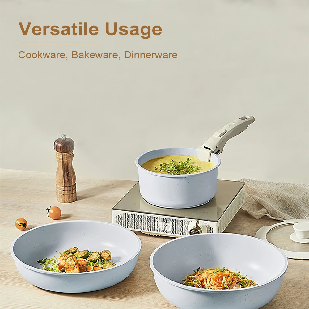 17-Pieces Ceramic Cookware Set,Non Stick Pots and Pans Cooking Set with Detachable Handle and Glass Lid, Dishwasher & Oven Safe