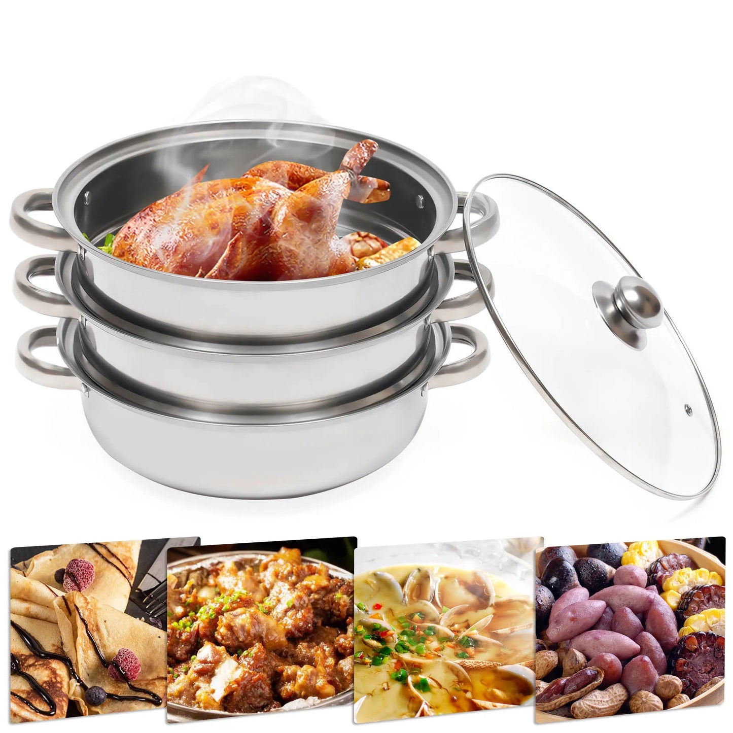 Three - Layer Stainless Steel Steamer Pot: Durable & Stackable for Efficient Cooking