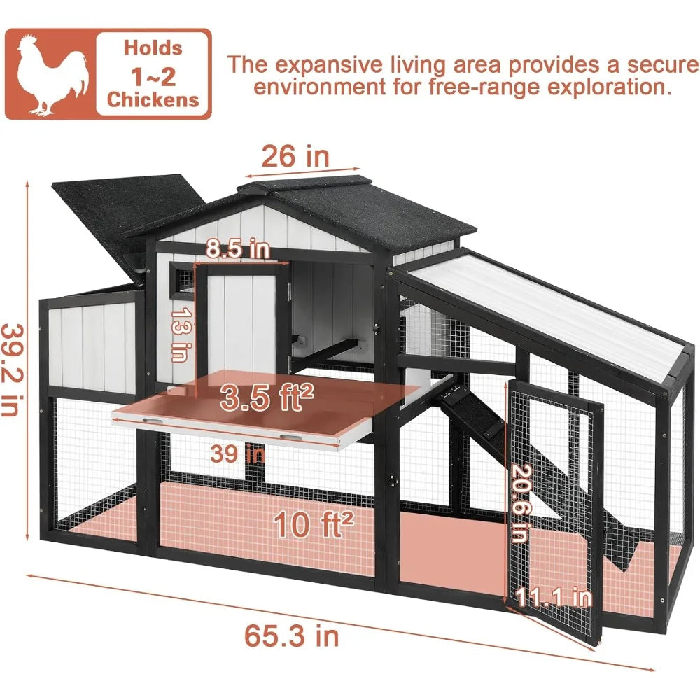 65.3" L Chicken Coop and Run, Wooden Hen House for 1-2 Chickens with Nesting Box, Tray, Perches Indoor/Outdoor Pet Hutch Backyar