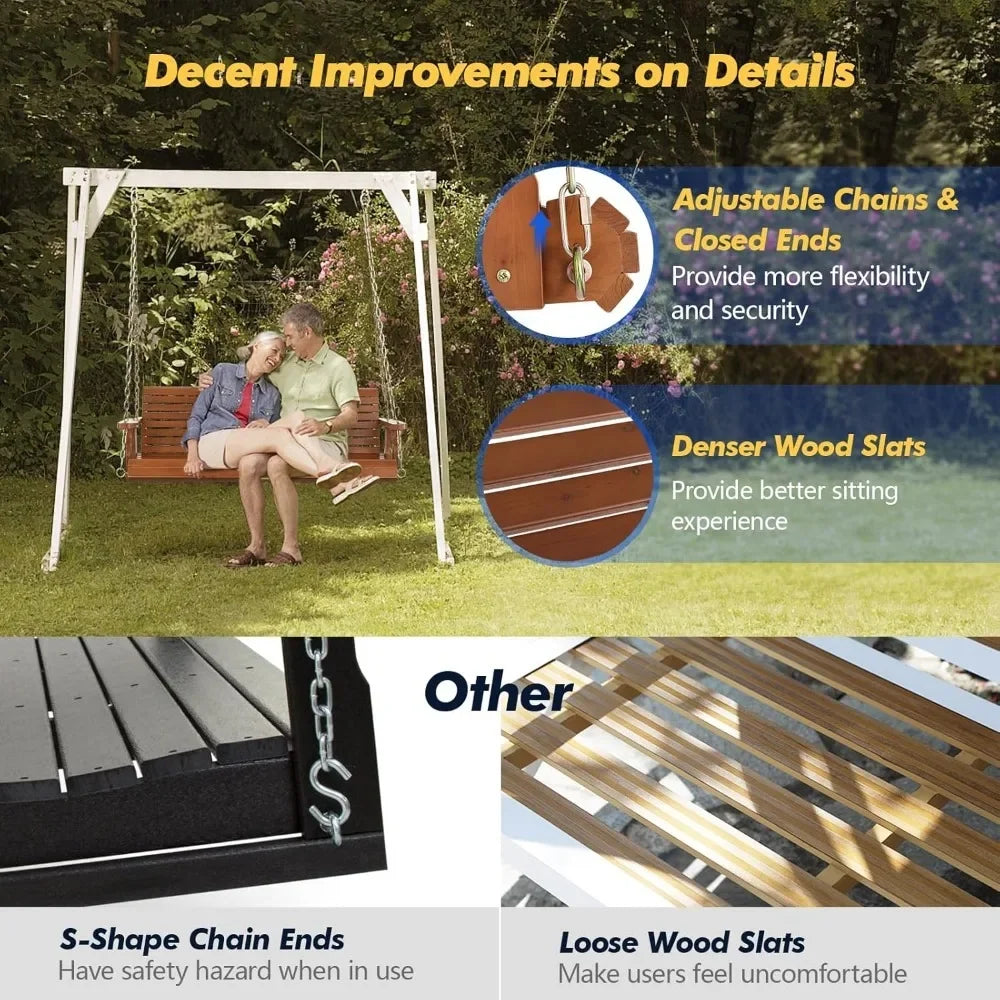 Upgraded wooden porch swings for courtyards and gardens, heavy-duty 880 pound outdoor swing benches with hanging chains