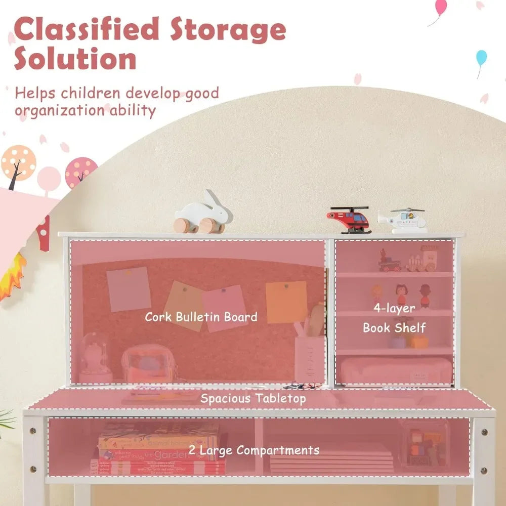 Kids Desk and Chair Set,Wooden Study Desk for Kids with Storage, Hutch, Cork Bulletin Board,Student Writing Computer Workstation