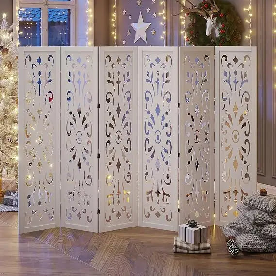 5.6Ft Room Divider Folding Wood Classical Carved Partition Screen for Home Office Garden - 6 Panels (Natural)