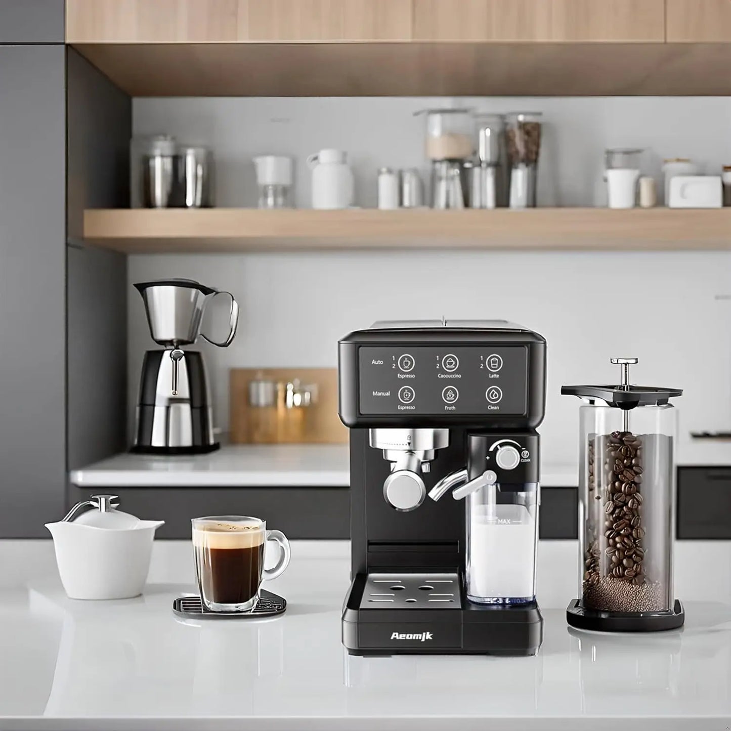 Aemojk Expresso and Cappuccino Coffee Machine, One-Touch Operation, Suitable Office Coffee Maker, with Automatic Milk Frother, 2