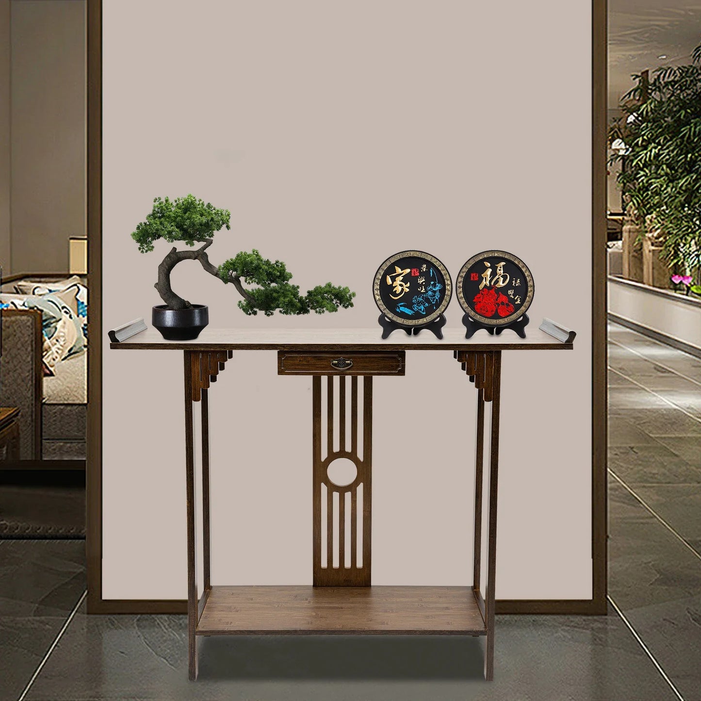 2-Layer Walnut Color Bamboo Entryway Table with Drawer & Storage Shelf, 800 Lbs Capacity Console Table for Living Room, Hallway