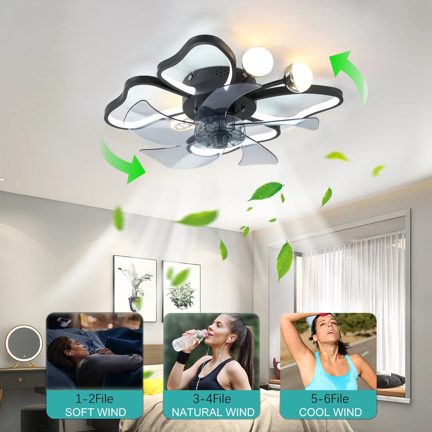 Modern Ceiling Fan with Lights,Transparent Blades,LED Adjustable Lamp,6-Speed Remote Control,Stylish Low-Profile Design