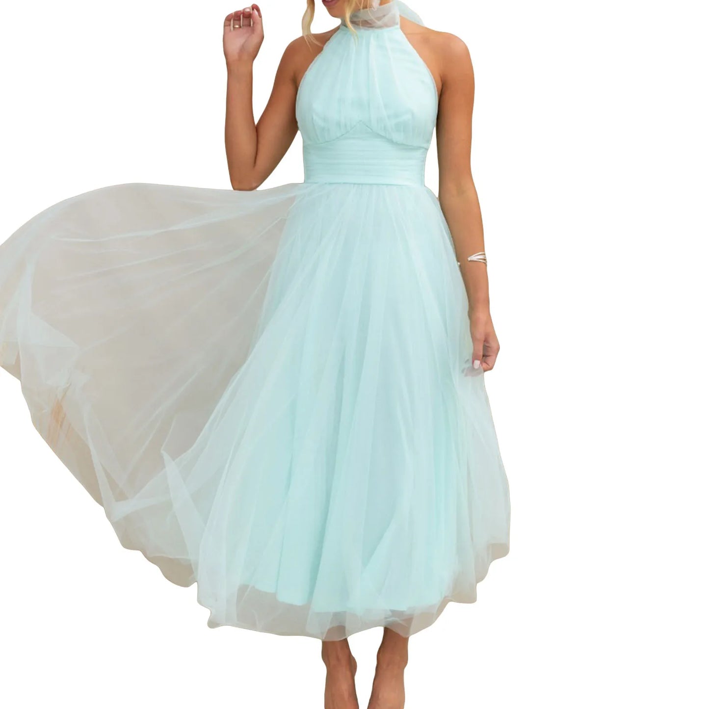 Women’s Backless Long Dress Adjustable Tie Halter Neck Tulle High Waist Solid Party Wedding Dress