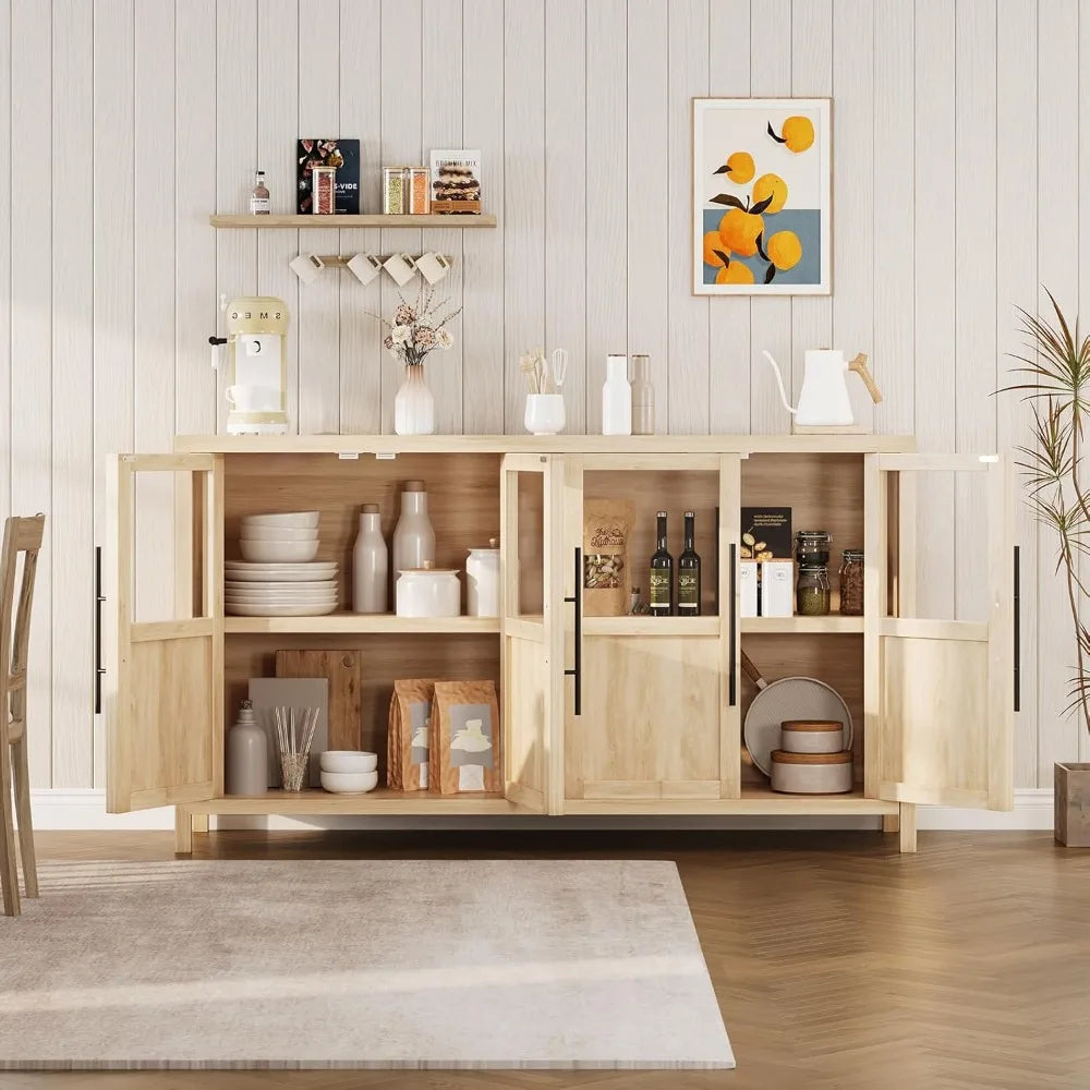 Sideboard Buffet Cabinet with 4 Glass Doors, 55" Large Buffet Cabinet with Storage, Modern Farmhouse Storage Cabinet