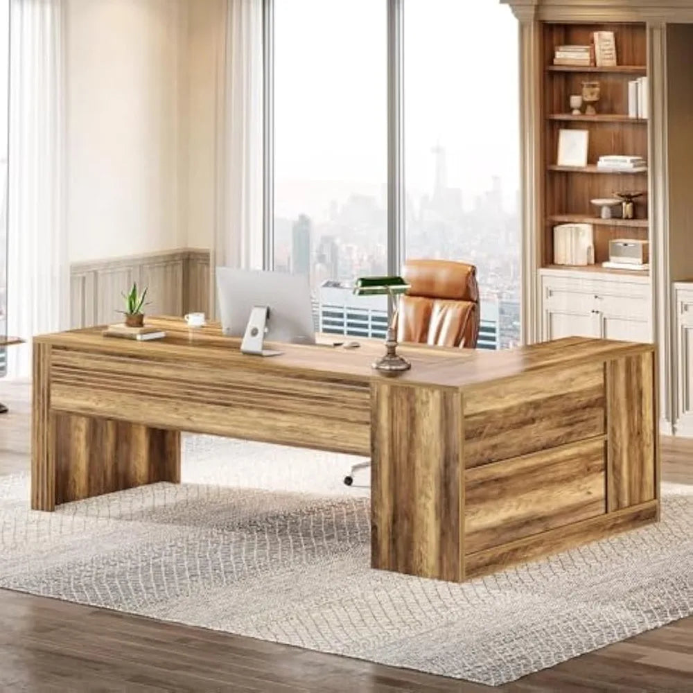 72.8" Large Executive Desk with 47.24" Cabinet, Office Desk with Storage Shelves, Farmhouse Wooden L-Shaped Desk for Home Offic