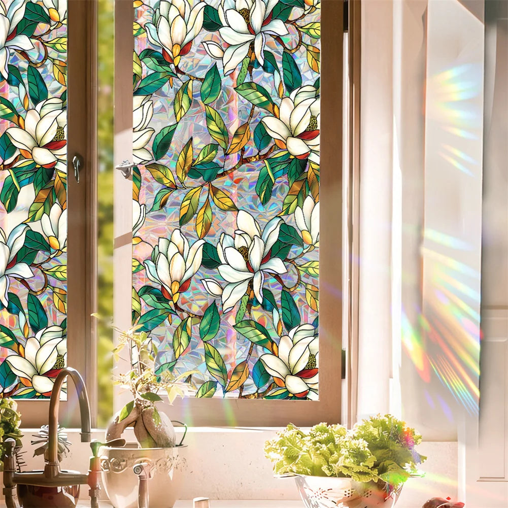 Static Cling Decor Window Film, Vivid Plant Flower Stained Glass Window Decals Sticker Sunscreen Window Clings For Room Kitchen