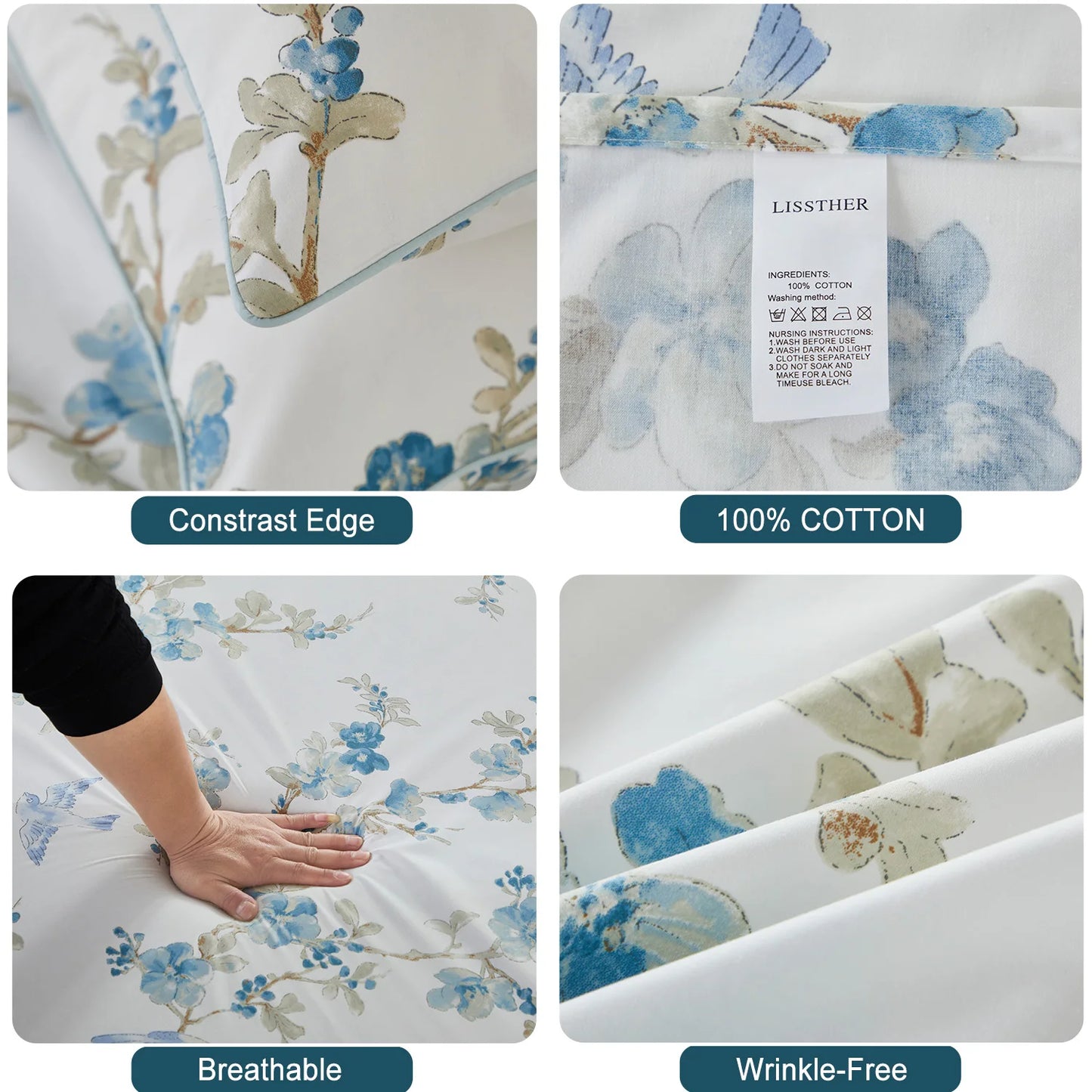 3pcs 600TC 100% Egyptian Cotton Duvet Cover Set, Blue Watercolor Floral, Soft Breathable Skin-Friendly (No Inserts)