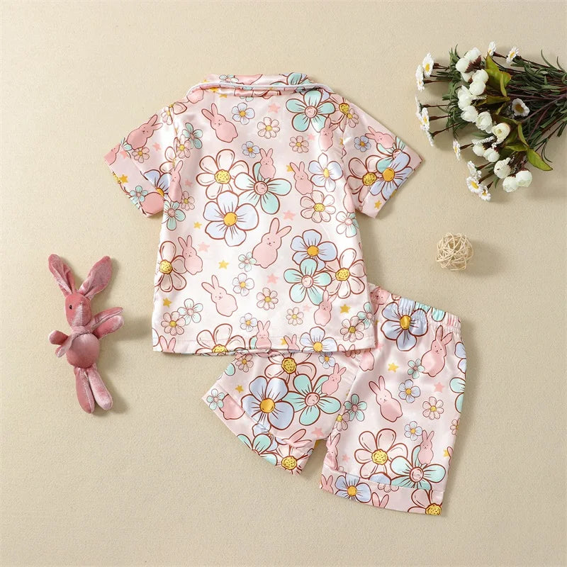 2Pcs Boys Easter Pajamas Set Long Sleeve Striped Print Button Down Shirts and Pants Set Loungewear for Kids