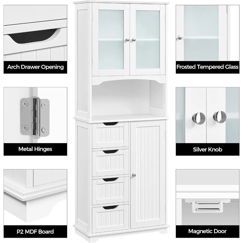 Bathroom Tall Cabinet, Storage Cabinet with 2 Glass Doors, Freestanding Bathroom Cabinet with Open Compartment