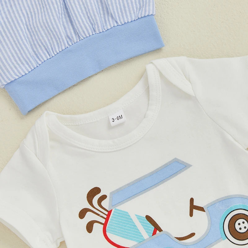 Infant Baby Boys Girls Summer Outfits Golf Cart Print Short Sleeve Romper with Stripe Pants and Hat 3 Pcs Set