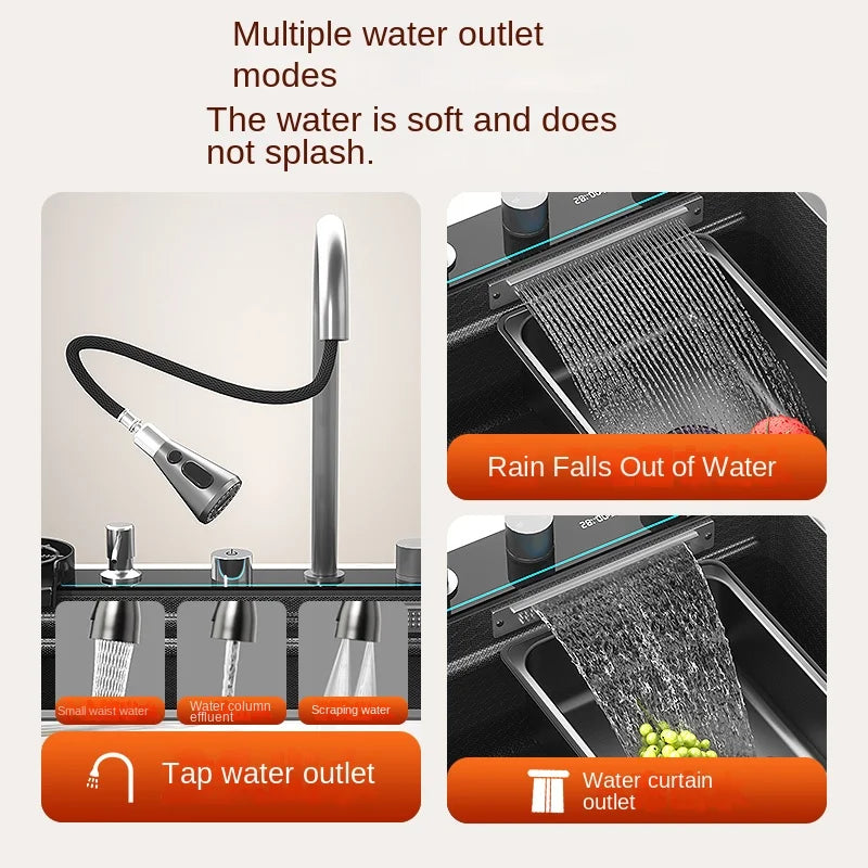 Easy Clean Digital Display Extra Large Single Bowl Hot Sale Stainless Steel Waterfall Kitchen Sink Home Vegetable Washing Sink
