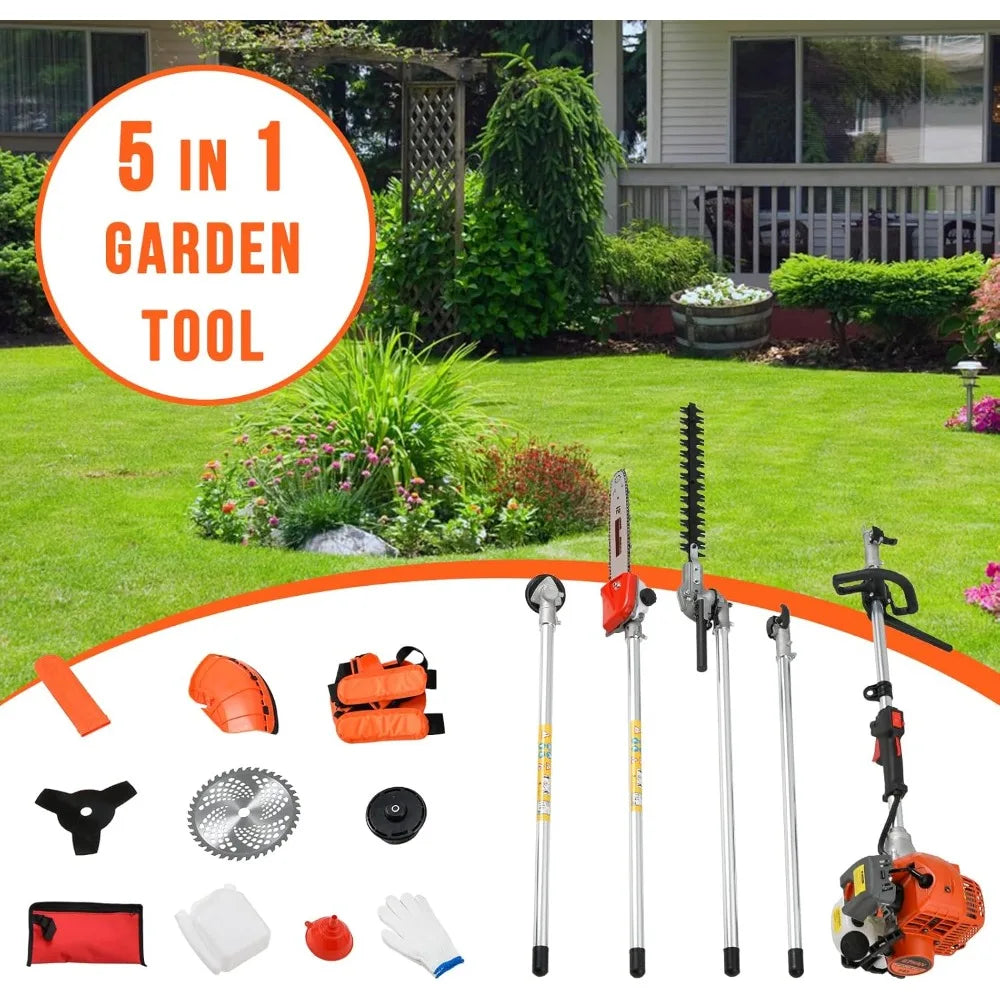Gas Powered Hedge Trimmer Weed Eater 41.5cc 5 in 1 Multi Functional Trimming Tools Gas Weed Wacker Long Reach Pole Saw for Tree