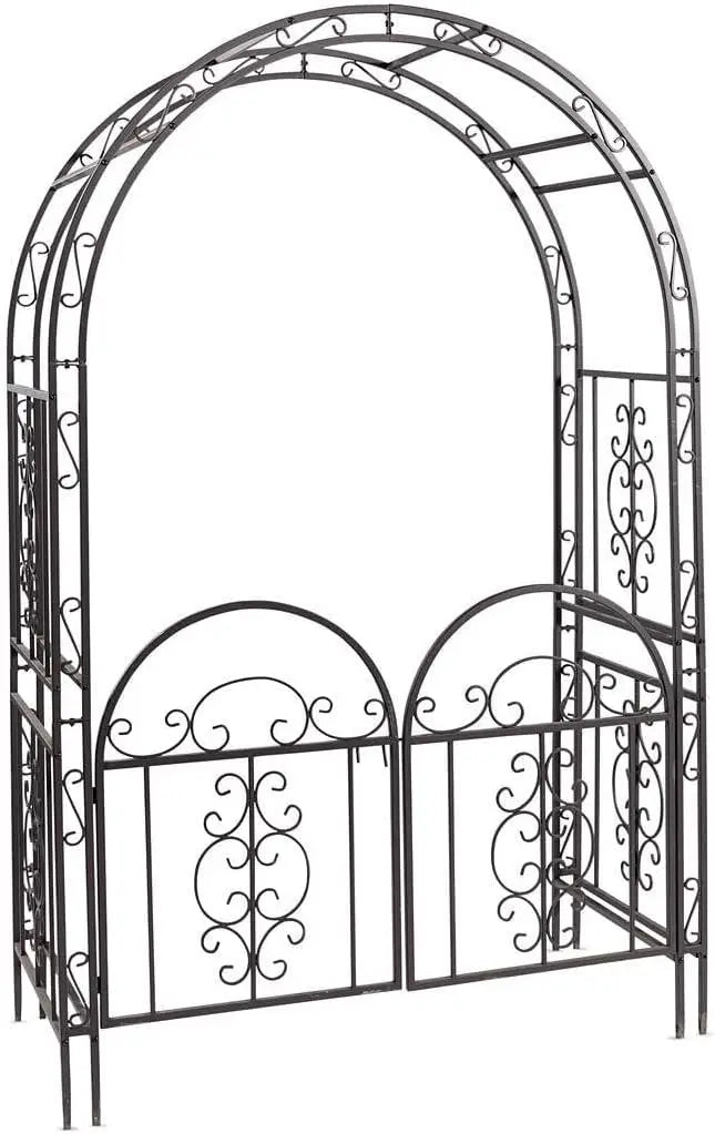 Arch Metal Outdoor Garden Arbor Double Gate,Montebello,7 Feet Tall,Gunmetal Black,Trellis Lattice Climbing Plants