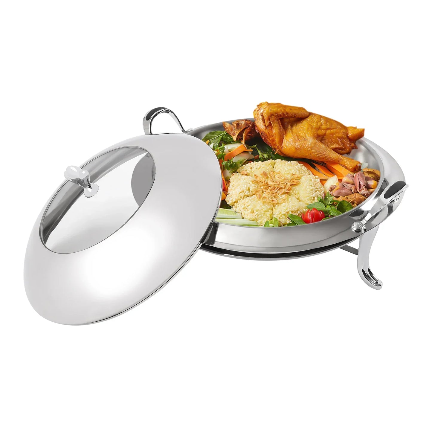 28cm Chafing Dish Stainless Steel Round Durable Buffet Warmer Tray Durable Frame with Lid and Chafing Fuel Holder for Kitchen