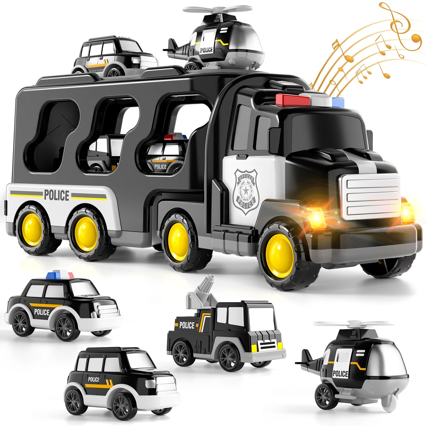 5 In 1 Police Truck Sets Kids Toys Cars Toddler Carrier Truck Pull Back Cars Transport Vehicles Toys Birthday Gifts Boys Girls