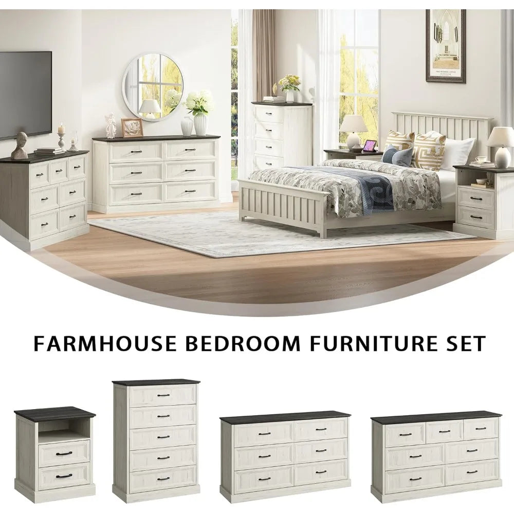 Farmhouse Dresser and Nightstand Sets for Bedroom, 3 Pcs Bedroom Set, 6 Drawer Dresser & Nightstand Set of 2, Modern Wood Chest