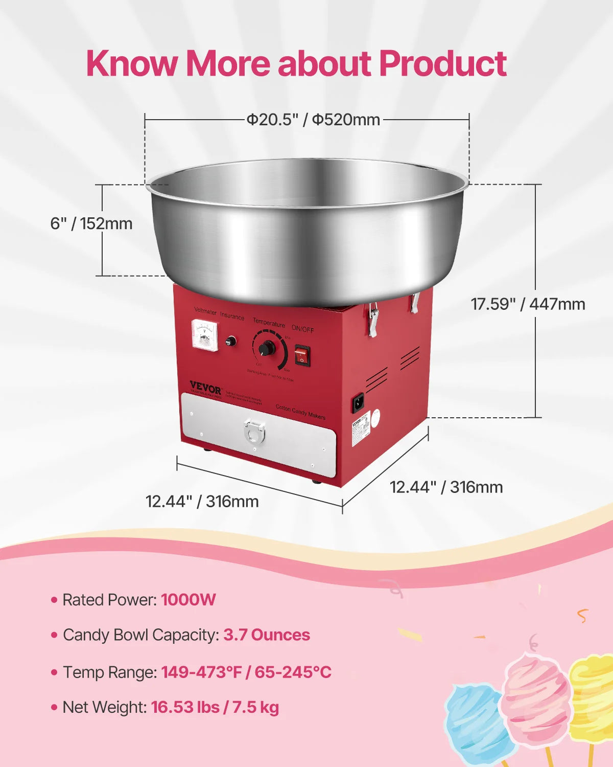 VEVOR Electric Cotton Candy Machine 1000W Commercial Candy Floss Maker with 20.5 in Stainless Steel Bowl Easy Home Use for Party