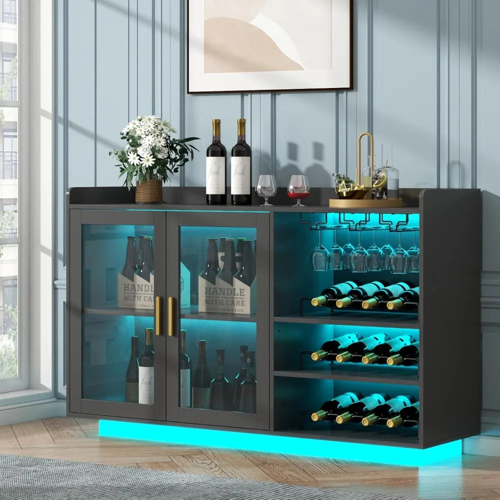 Wine Bar Cabinet with LED Lights, Floating Coffee Bar with Glass Rack and Removable Wine Racks, Modern Buffet Sideboard w