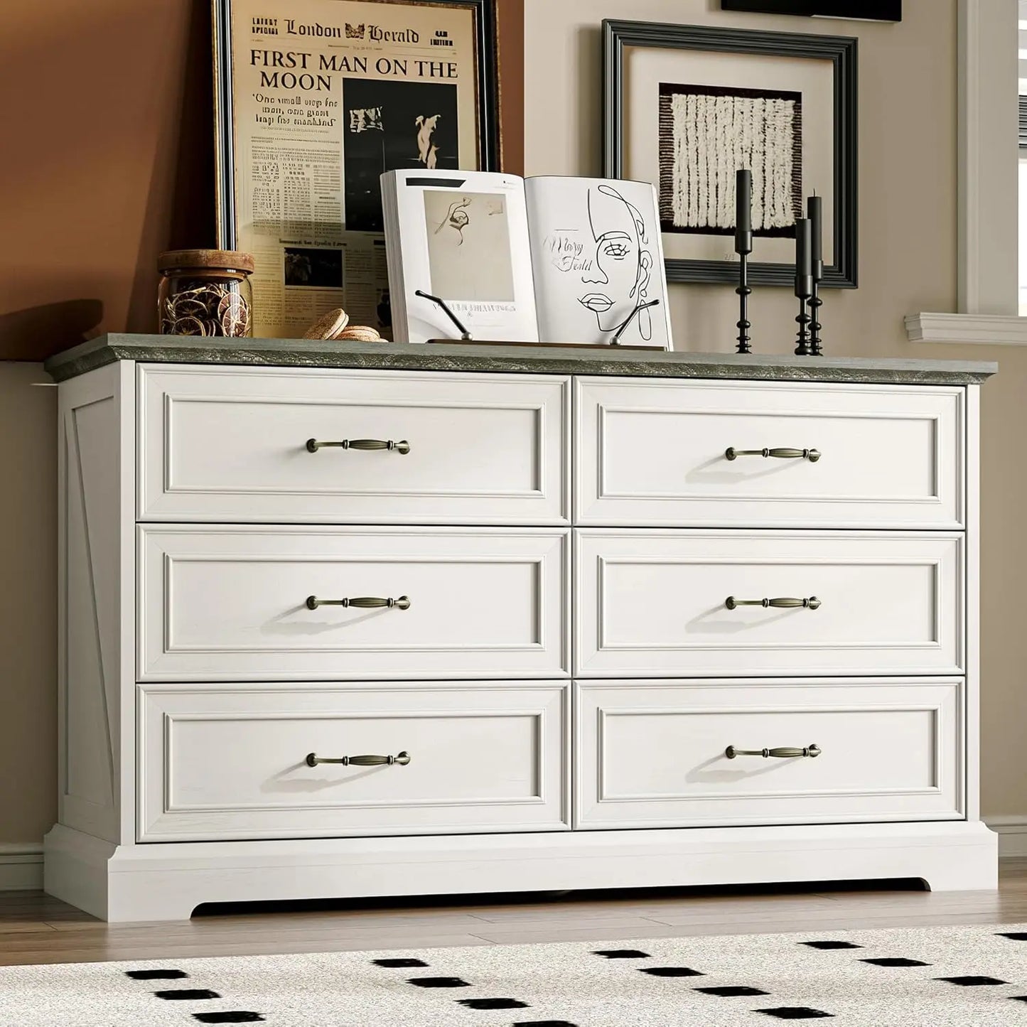 Farmhouse 6 Drawers Dresser for Bedroom, 48" Wide Modern Chest of Drawers with Deep Drawers & Bar Handles,