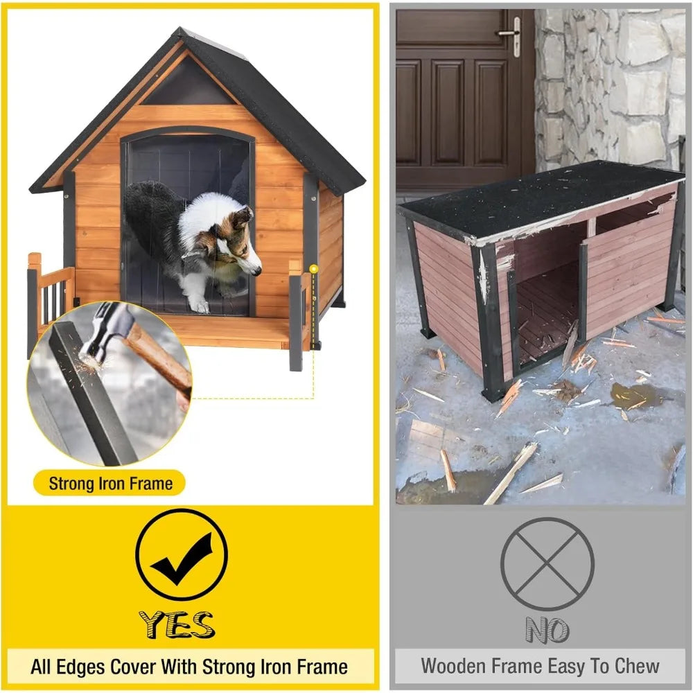 Dog House Outdoor Weatherproof Chew Proof Large Dog Kennel with Metal Frame for Small Medium Large Dogs, 50.9" D x 37.4" W x 37