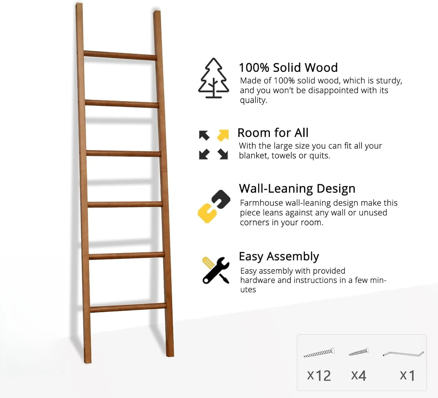 6ft Wooden Natural Blanket Ladder Living Room Decorative Wall Leaning Farmhouse Quilt Display Holder Rustic Wood Towel Rack