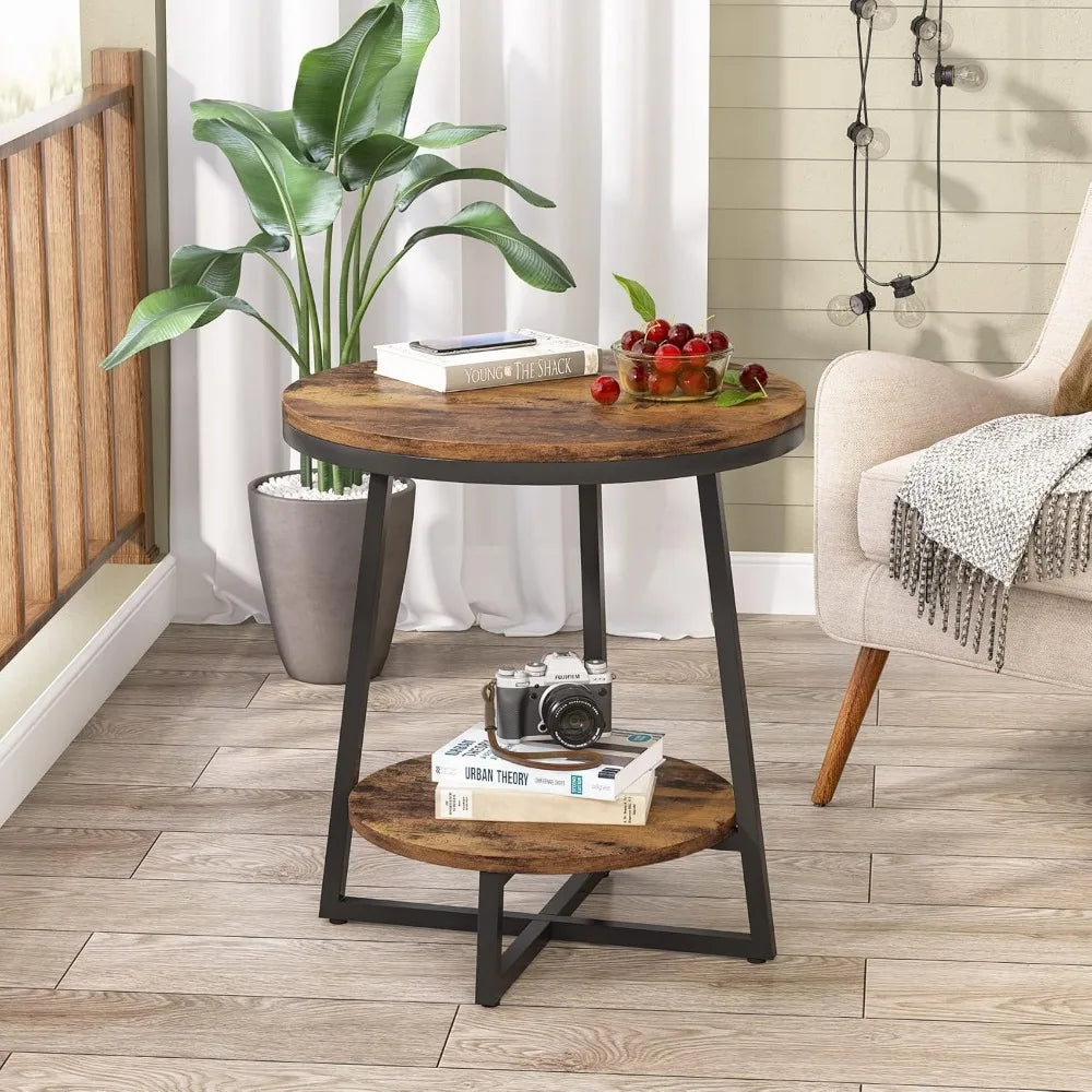 Round End Table Set of 2, 2 Tier Side Table with Storage Shelf