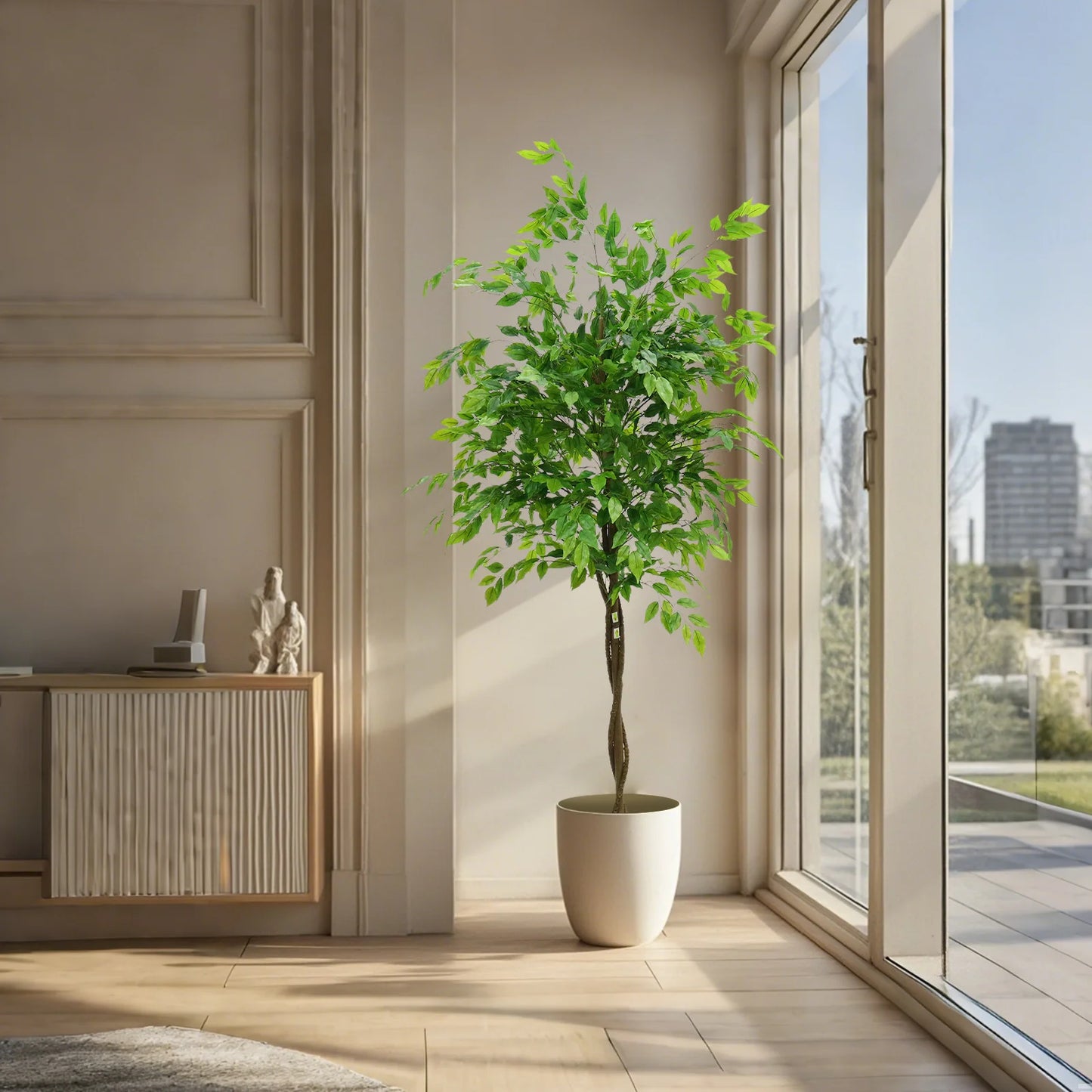 5.2'/5.9' Artificial Ficus Tree, Tall Fake Potted Ficus Tree With Planter, Realistic Texture Potted Faux Ficus Tree For Home