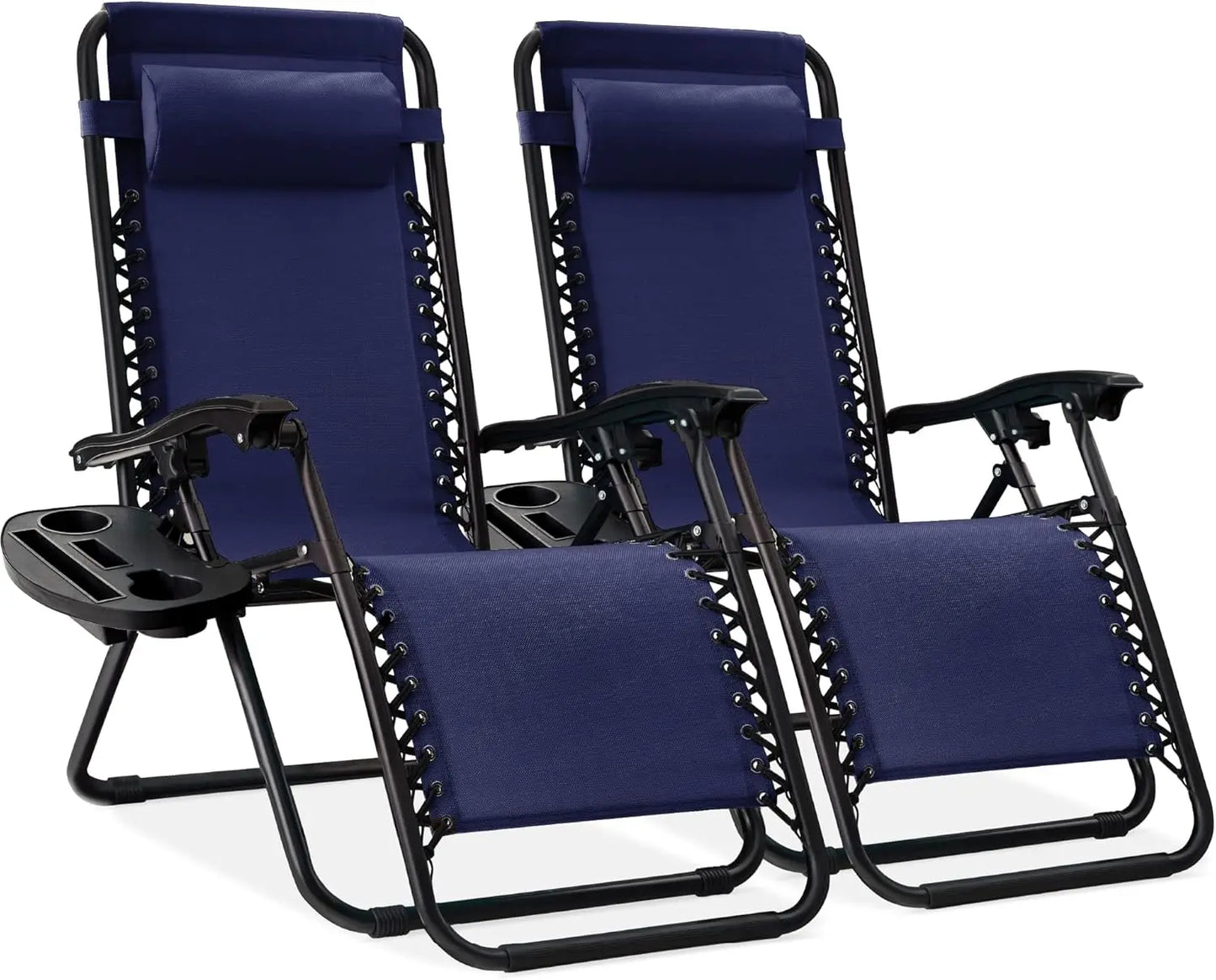 Set of 2 Adjustable Steel Mesh Zero Gravity Lounge Chair Recliners w/Pillows and Cup Holder Trays - Tan Striped