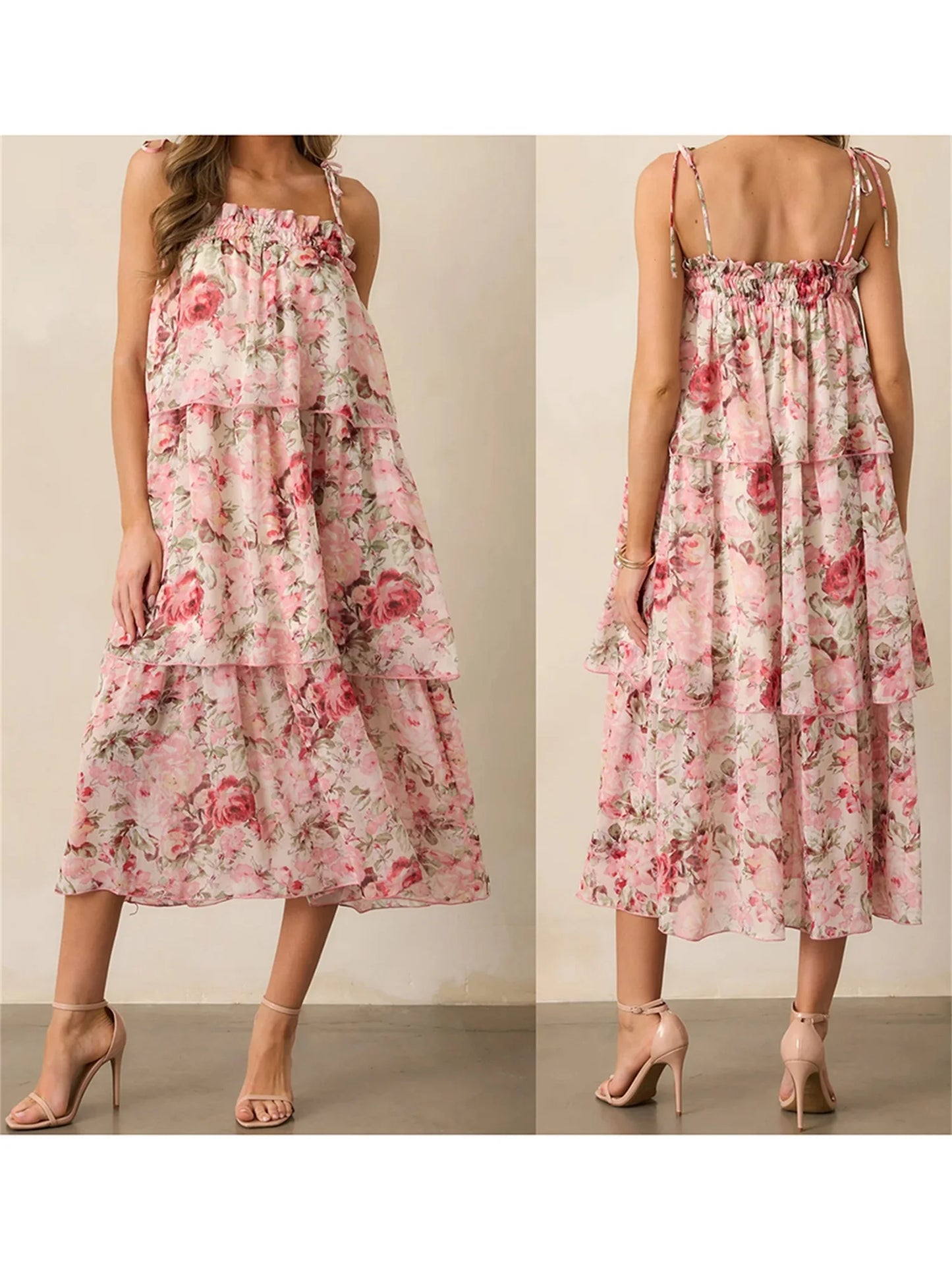 Women s Boho Floral Print Sleeveless Maxi Dress with V-Neckline and Tiered Ruffle Hem for Summer Beach Vacation