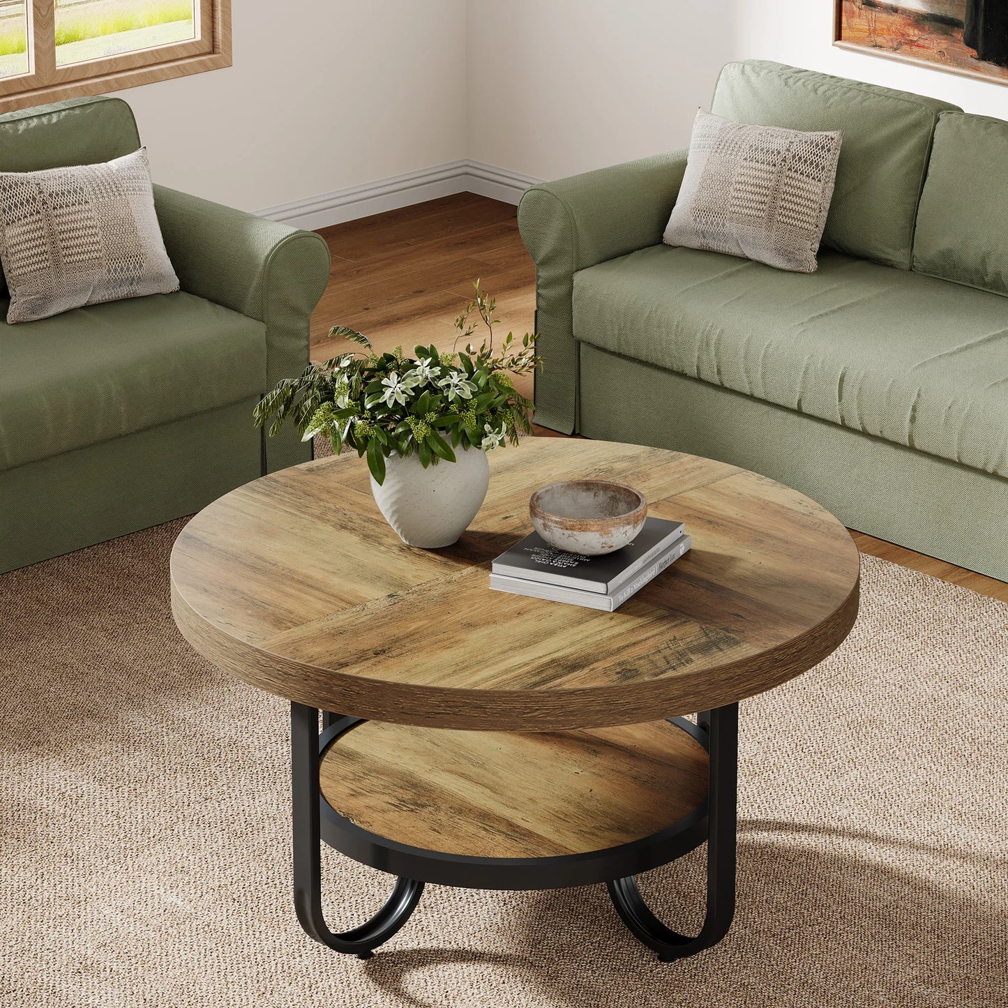 Tribesigns Round Coffee Table for Living Room, 2-Tier Center Table with Storage Shelf, 31.1-Inch Industrial Cocktail Tea Table w