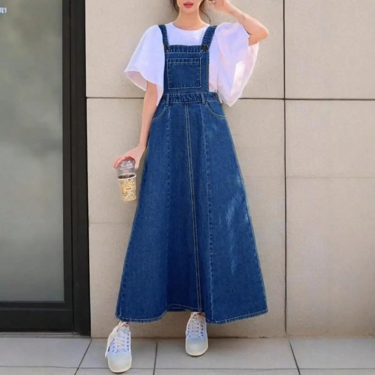 2025 New Arrival Women's Denim Overall Dress blue Casual Summer Style Loose Fit denim skirt High Waisted Long Skirt
