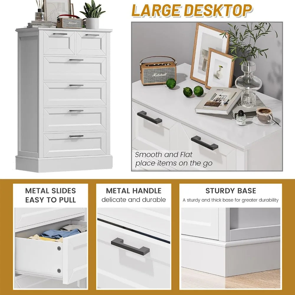 Odeekea White Dresser with 6 Drawers, Vertical Tall Dresser for Bedroom, Wood Dresser for Hallway, Living Room, Chest of Drawers