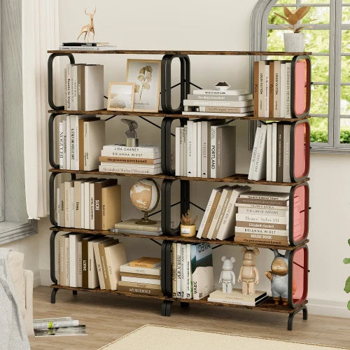 5-Tier Industrial Bookshelf - Rustic Brown, Open Wood & Metal Design, Vintage Storage Organizer