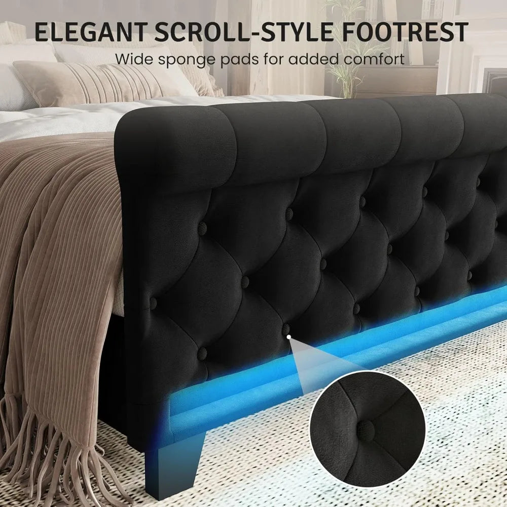 Queen Size Velvet Upholstered Platform Bed Frame with 50" Tall Headboard, LED Lights, and 2 USB Ports