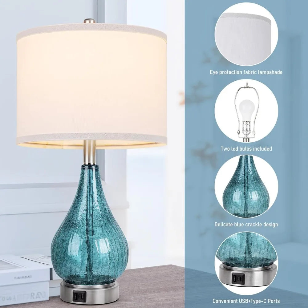 QiMH Glass Table Lamp for Living Room Bedroom Set of 2, 22.5" LED Light with Touch Control, Blue 3 Way Dimmable Modern Bedside L