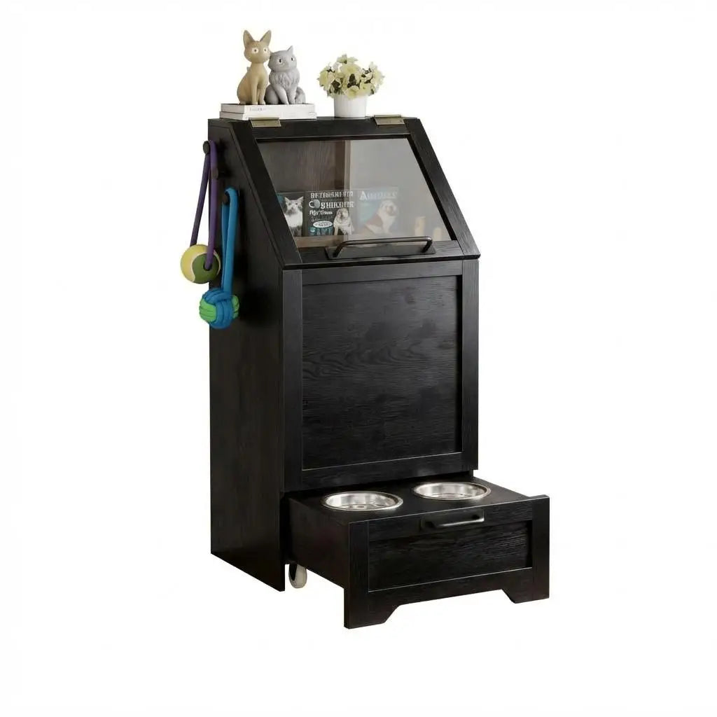 Dog Food Station with Storage,Pet Feeding Station with Raised Bowls,Dog Food Storage Cabinet with Hanger for Feeding