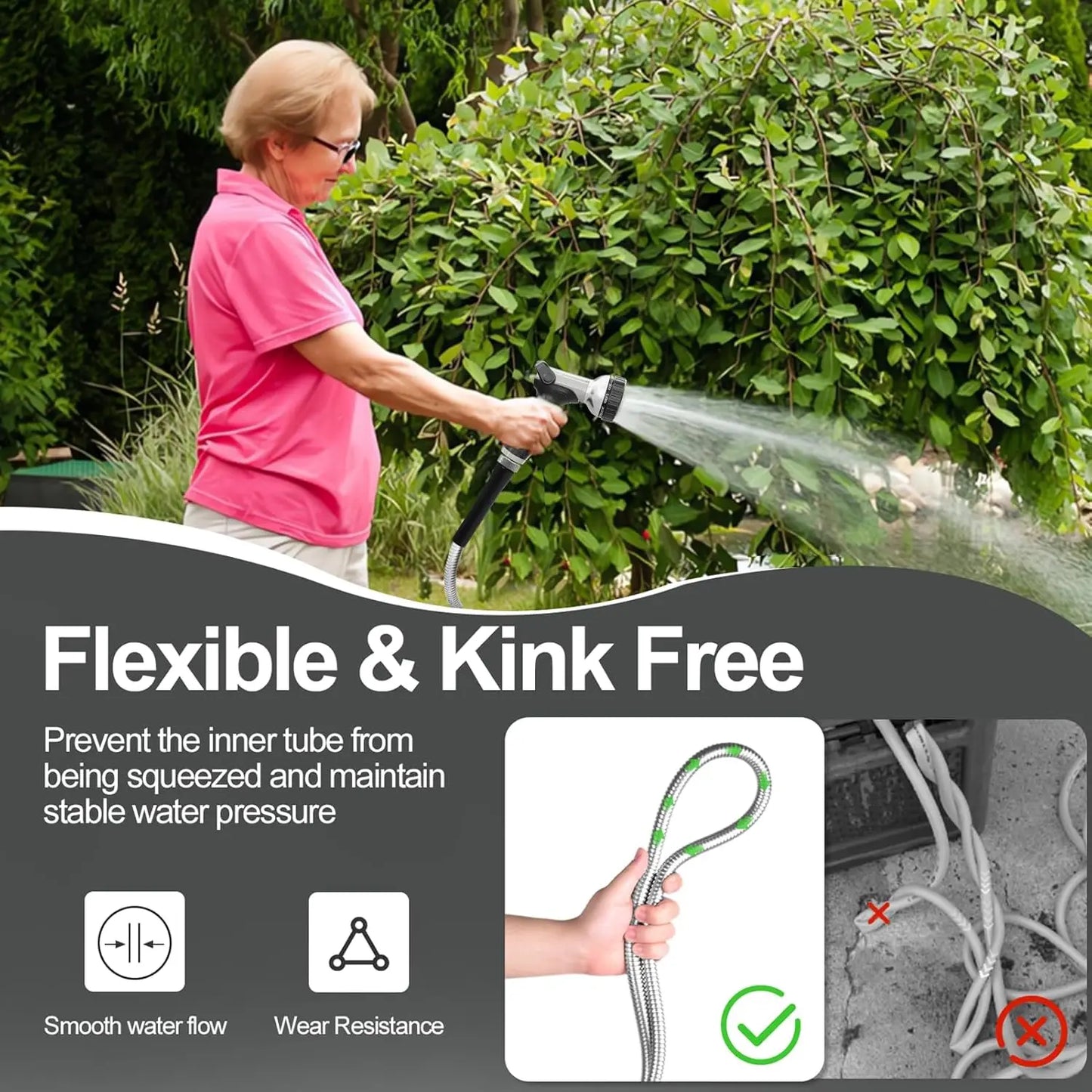 200ft 304 Stainless Steel Garden Hose Metal, Heavy Duty Water Pipe with Nozzles for Yard, Outdoor - Flexible, Never Kink Tangle