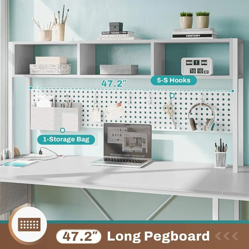 SEDETA White L Shaped Gaming Desk, Reversible Corner With Power Outlet and Pegboard, Hutch, Storage Shelf