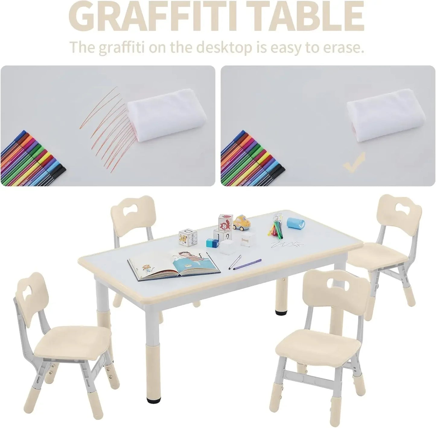 Toddler Table and Chairs Set for 4, 47.2''L x 23.6''W Kids Study Table and Chair Set, Height-Adjustable, Graffiti Desktop