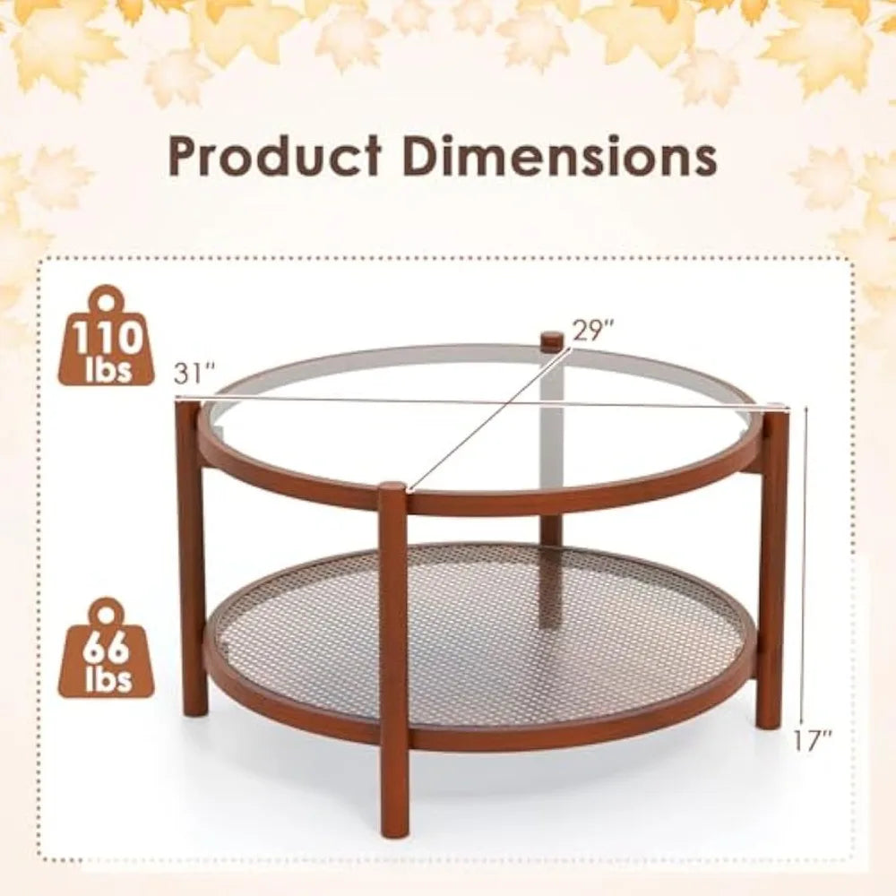 Rattan Coffee Table, Boho Round Glass Tea Table with PE Rattan Storage Shelf & Wood Frame, 2 Tier Accent Center Table for Livin