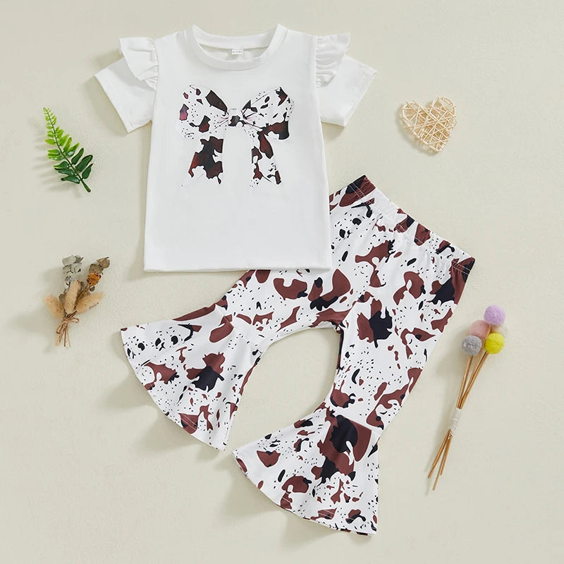 Adorable Toddler Girl Summer Outfit with Bow Print Top and Matching Flare Pants for a Stylish Look