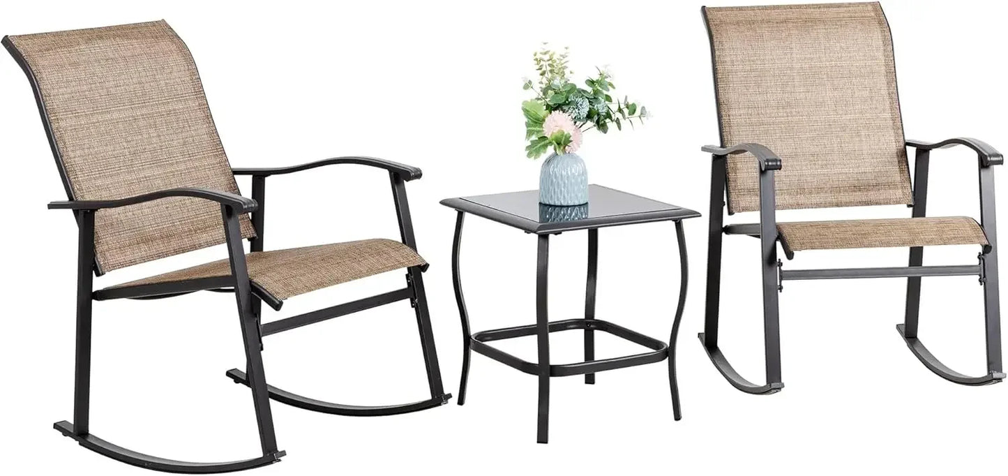 3 Piece Outdoor Rocking Bistro Set, Textilene Fabric Small Patio Furniture Set, Front Porch Rocker Chairs Conversation Set with