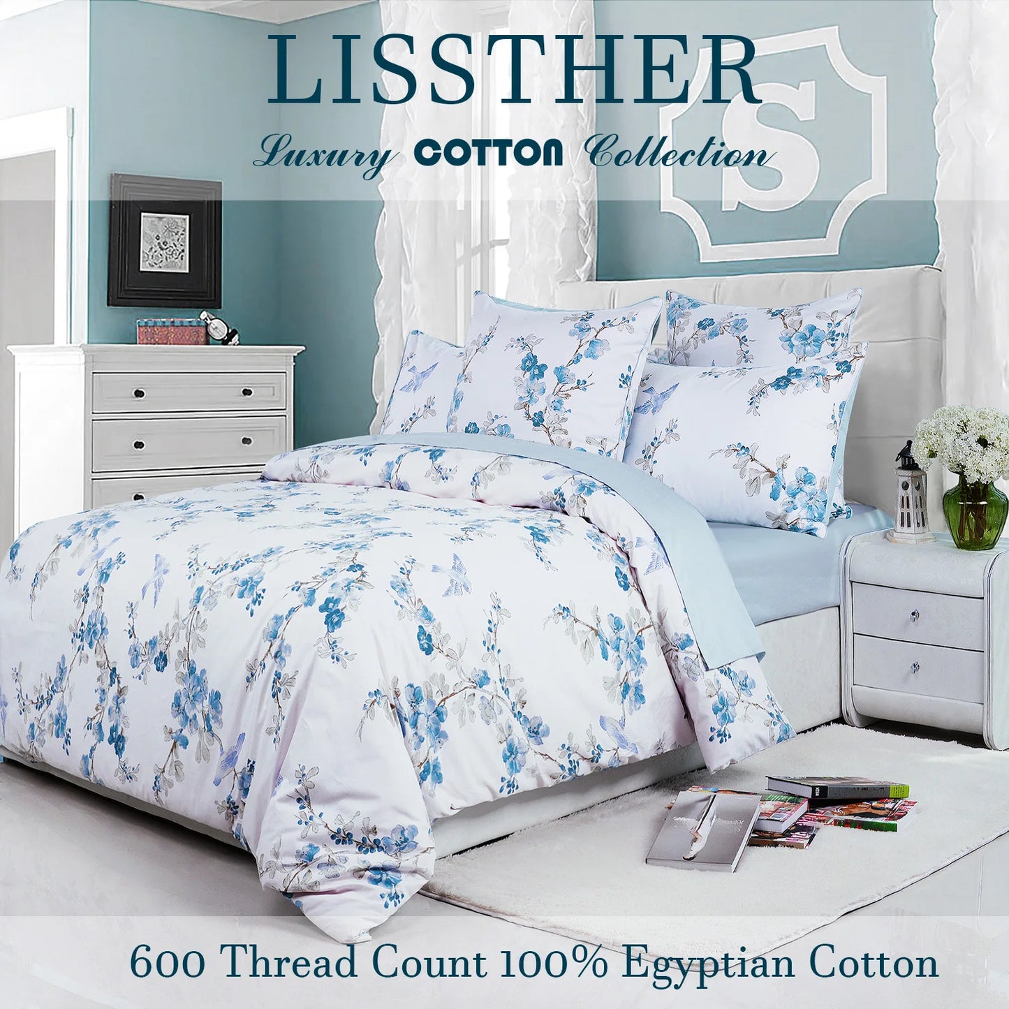 3pcs 600TC 100% Egyptian Cotton Duvet Cover Set, Blue Watercolor Floral, Soft Breathable Skin-Friendly (No Inserts)
