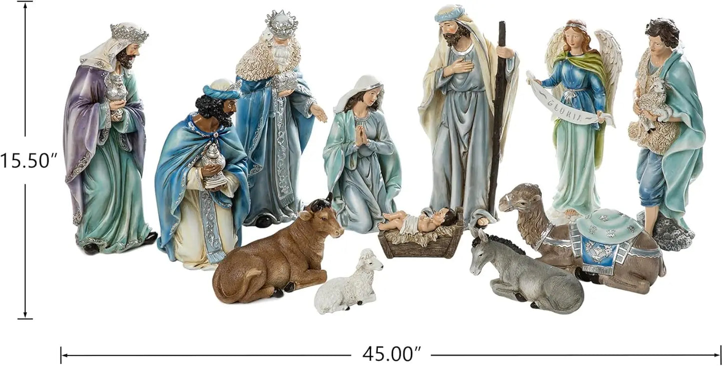 Glitzhome 12Pcs Deluxe Blue Resin Nativity Figurines Set Christmas Ornaments Xmas Tabletop Scenes Figures Set Collectibles Count