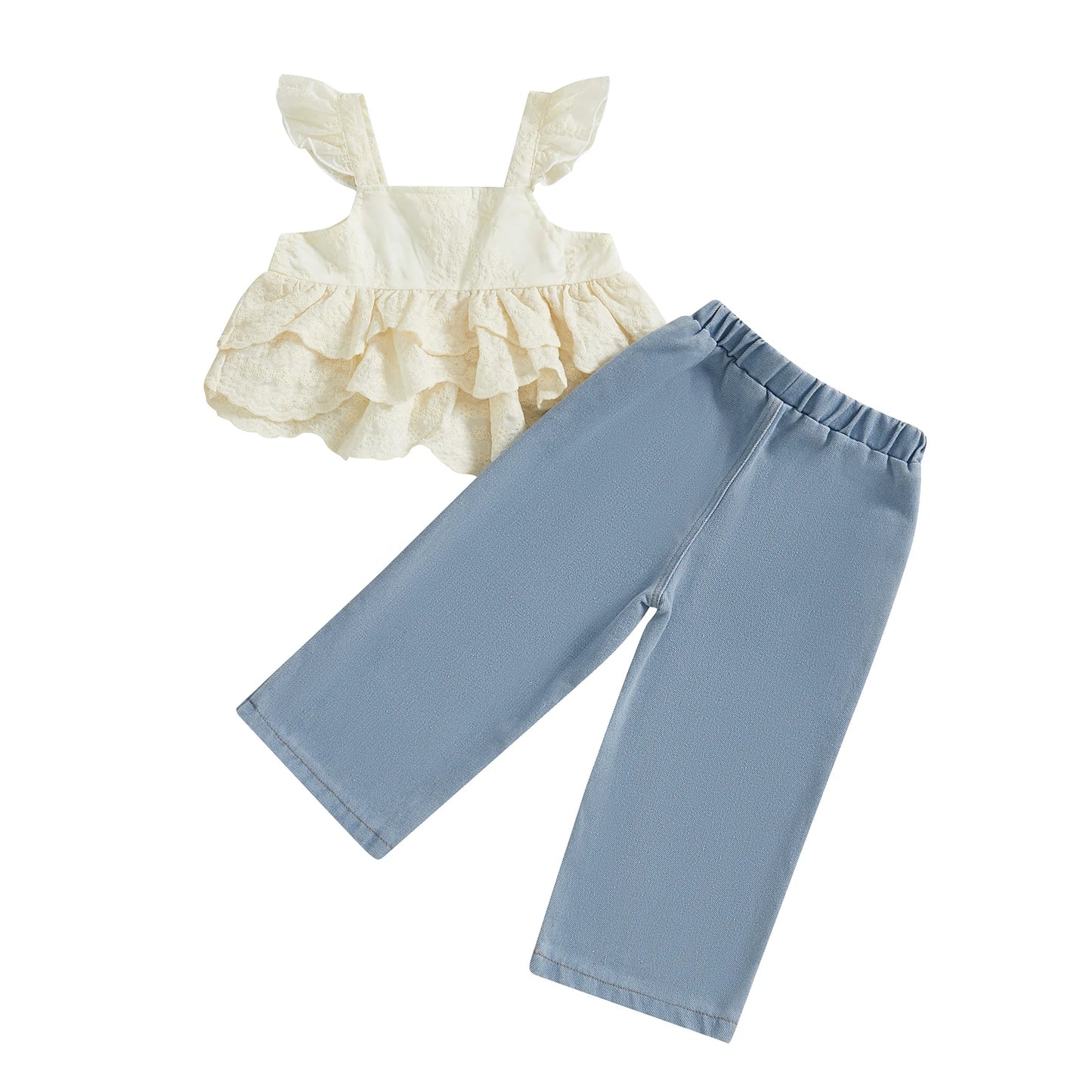 Little Girl Pants Set Floral Fly Sleeve Layered Ruffled Lace Tops Elastic Waist Denim Pants 2 Pcs Summer Outfit