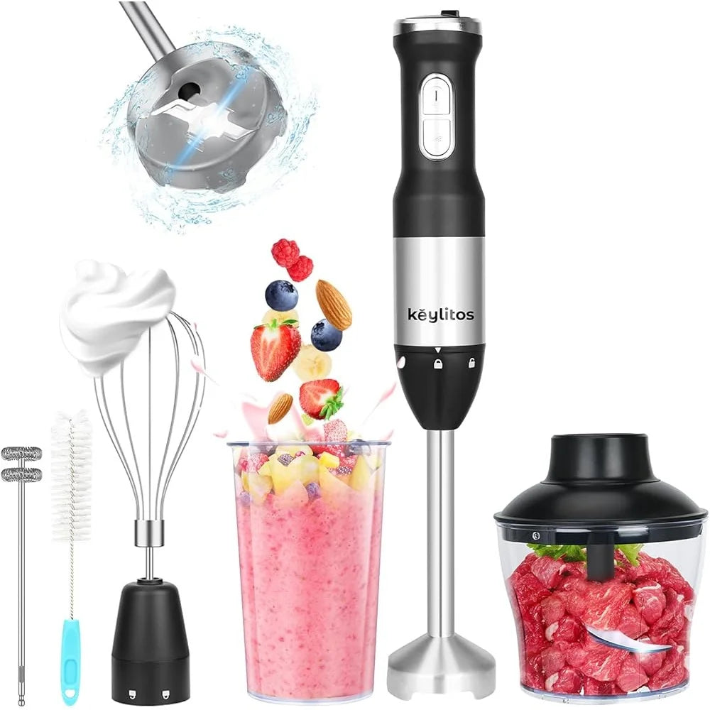 5 in 1 Immersion Hand Blender Mixer Adjustable Speed Turbo Boost Stainless Steel Blades 600ML Chopper 800ML Beaker Whisk Frother
