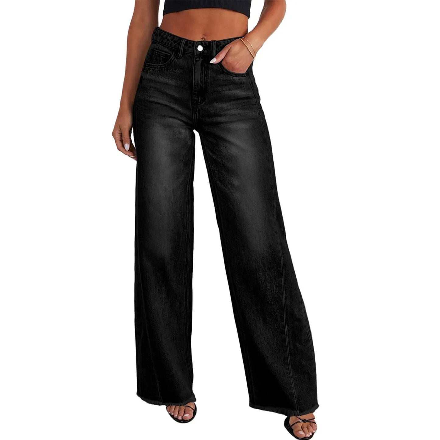 Retro High Waist Straight Leg Jeans Women's Fashion Cross-Border Frayed Hem New Style Side Seam Patchwork Distressed